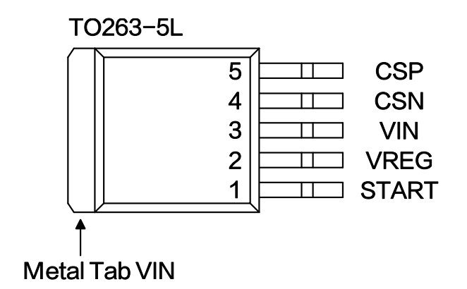 XL8002 TO263‑5L管脚引脚定义图,金属焊盘接VIN XL8002 TO263‑5L引脚图,START VREG VIN CSN CSP管脚分布