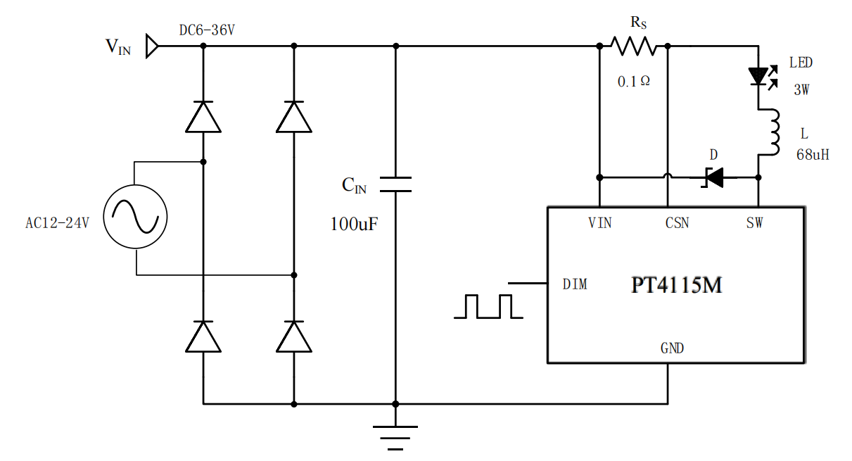 PT4115ME89E典型应用电路图,PT4115M内置MOS射灯LED驱动IC