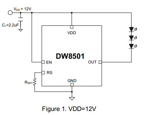 DW8501 典型应用电路图：PWM 调光接法，EN 脚接入 PWM 信号，RS 电阻设定电流