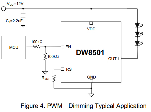 DW8501 汽车灯驱动电路图：输入 12V/24V，多颗 LED 串联，PWM 调光实现无级亮度调节