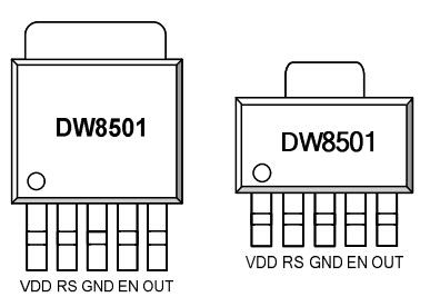 DW8501 TO252-5L 引脚图：PIN1-VDD(电源输入), PIN2-RS(电流设定), PIN3-GND(地), PIN4-EN(使能/PWM调光), PIN5-OUT(LED恒流输出), PIN6-HS(散热端，通常接地)